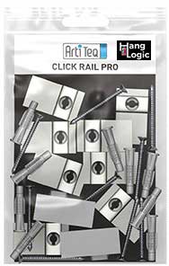 Artiteq Fastener Kit for 3m Click Rail Pro picture rail, available at Hang Logic, featuring clips, screws, plugs, and end caps for wall mounting.