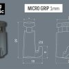 3D rendering and technical drawing of the Artiteq Micro Grip 1 mm Hook with dimensions, showing a compact, self-locking picture hanging hook compatible with 1mm hanging wires.