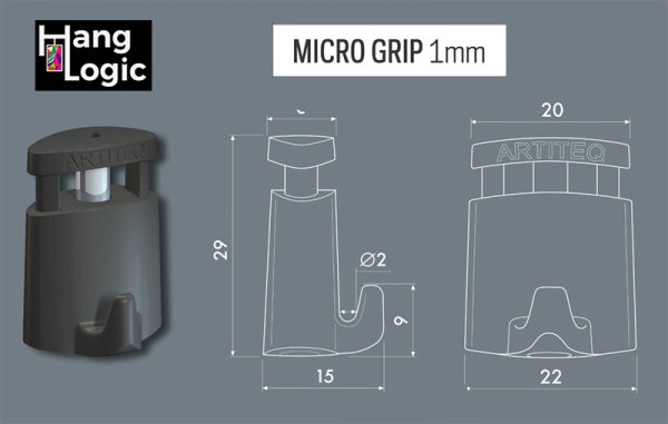 3D rendering and technical drawing of the Artiteq Micro Grip 1 mm Hook with dimensions, showing a compact, self-locking picture hanging hook compatible with 1mm hanging wires.