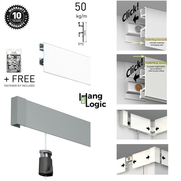 ArtiTeq Click Rail Pro picture rail with 50 kg rating, two‑way installation diagrams and free fastener kit from Hang Logic.
