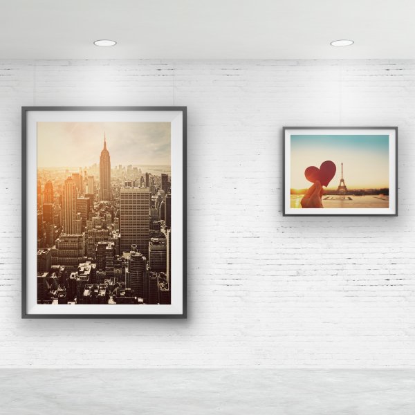 ArtiTeq Shadowline Masonry White Brick Studio Two framed city prints on white brick wall hung from hidden ArtiTeq Shadowline Masonry picture rail with slim shadow line