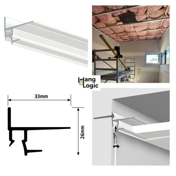 ArtiTeq Shadowline Masonry Picture Rail ArtiTeq Shadowline Masonry picture rail with 13 mm capture, install diagram, section profile and build‑site photo
