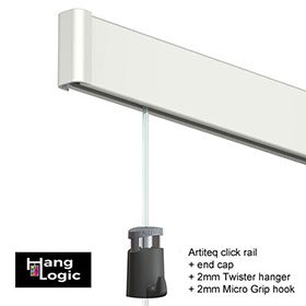 The end cap Click Rail white clicked onto the Artiteq Click Rail picture hanging rail with Twister hanging wire and MicroGrip hook.