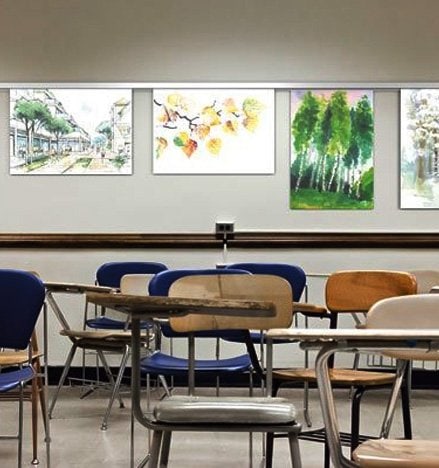 Info rails installed in a classroom