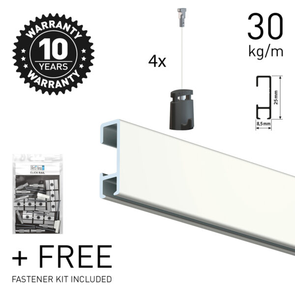 ArtiTeq Click Rail 2 m picture rail kit - Hang Logicglogic ArtiTeq Click Rail 2 m kit with rail, free fastener kit, 4x 1 mm perlon Twister wires and 4x Micro Grip 1 mm hooks from Hang Logic.