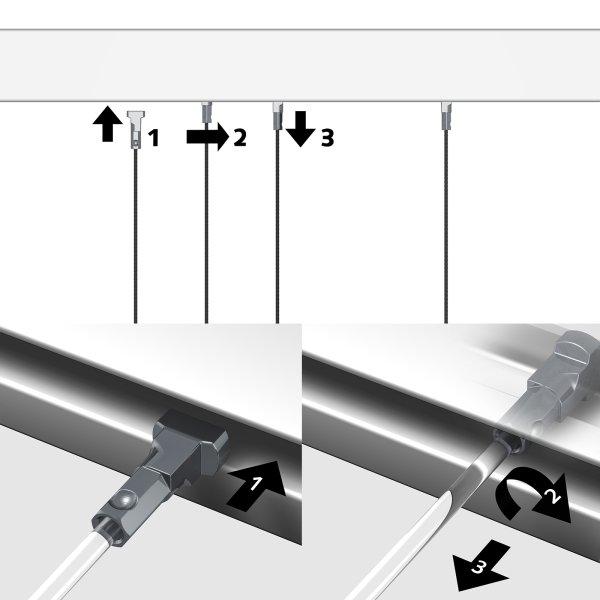 Illustration showing the 3‑step insert‑anywhere process for a 1 mm Twister cable: push up, rotate 180 °, pull down to lock in the picture rail.