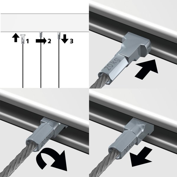 How to insert a 2 mm Artiteq Twister cable: push, twist 180°, pull down to lock in the picture rail