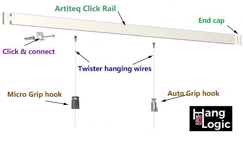 Artiteq Click Rail with Click & Connect, Twister hanging wires, and hooks, available at Hang Logic.