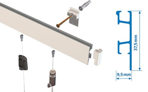 Artiteq Click Rail Pro, picture rail system from Hang Logic, showing installation components and dimensions.