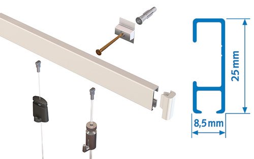 Artiteq picture rail system components from Hang Logic, including the rail, mounting hardware, and hanging hooks with dimensions.