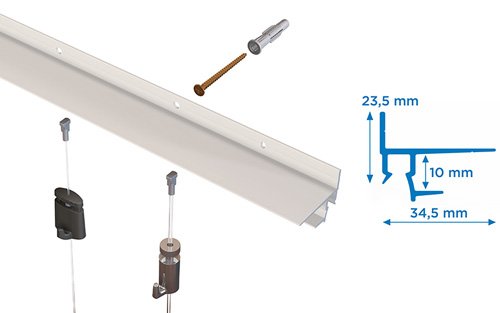 Artiteq masonry picture rail system with installation hardware and dimensions illustrated – Buy at Hang Logic.