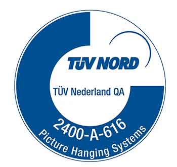 Certification logo for Artiteq picture hanging systems, TÜV NORD and TÜV Nederland QA, emphasizing quality and safety.