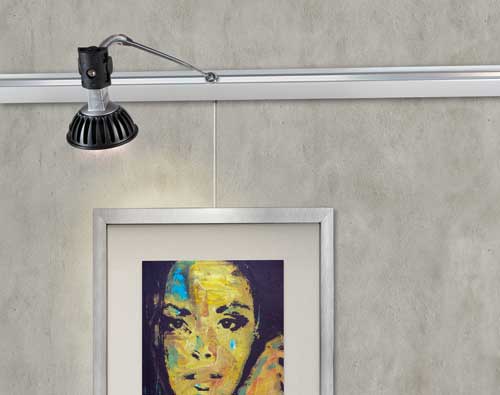 Artiteq picture rail system with integrated lighting illuminating a framed portrait - buy at Hang Logic.