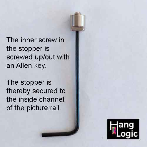 Sloped rail stopper with Allen key for tightening. Available at Hang Logic.