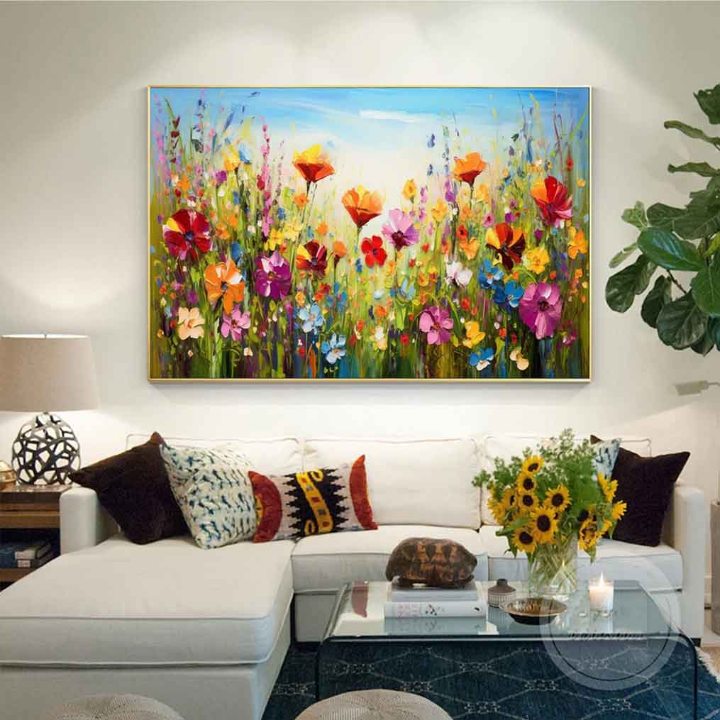 Living Room with Floral Painting and White Sectional Sofa Bright floral painting hanging above a white sectional sofa with colourful cushions and a glass coffee table with sunflowers.