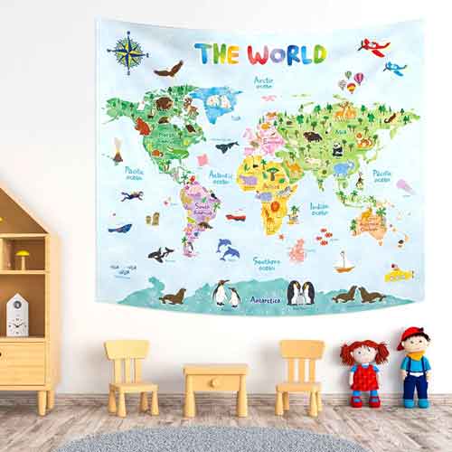 Children’s Playroom with World Map Tapestry Colorful world map tapestry hanging on a wall in a children's playroom with small chairs, a table, and toys.