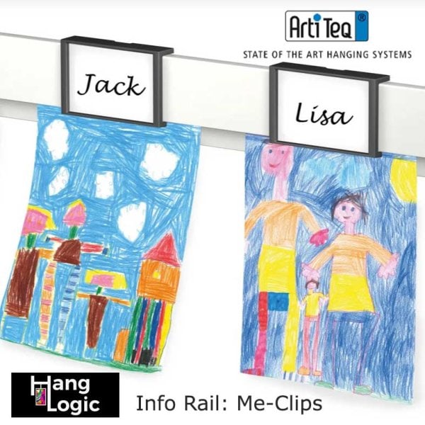 Image of ArtiTeq Info Rail with Me-Clips holding labelled children's drawings for "Jack" and "Lisa," available at Hang Logic.