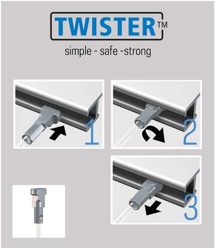 Illustration showing how to insert and adjust Artiteq Twister hanging wires along a rail.