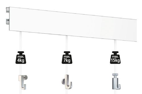 Artiteq picture rail system with various hooks for hanging artwork, supporting 4kg, 7kg, and 15kg weights, sold by Hang Logic.