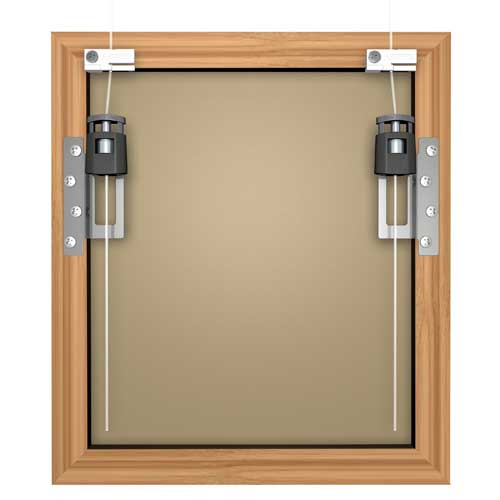 Illustration of the back of the picture frame, showing how the picture frame is hanged with hooks and hanging wires with additional tilt reducer attached on both top corner of the frame.