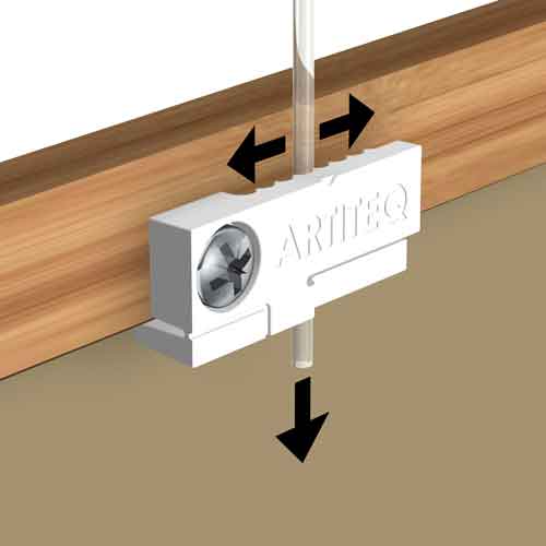 An illustration showing that the tilt reducer's different rill lines , allows user to adjust the hanging wires easily behind the frame of an artwork.