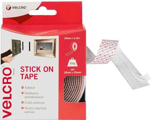 Velcro Stick On Tape packaging with a close-up of the tape being applied to a frame.
