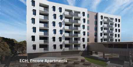 Modern exterior of ECH Encore Apartments, a pioneering inter-generational living community in Australia.