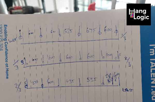 Hand-drawn installation plan for Artiteq picture rails by Hang Logic at ECH Encore Apartments, detailing measurements and placements.