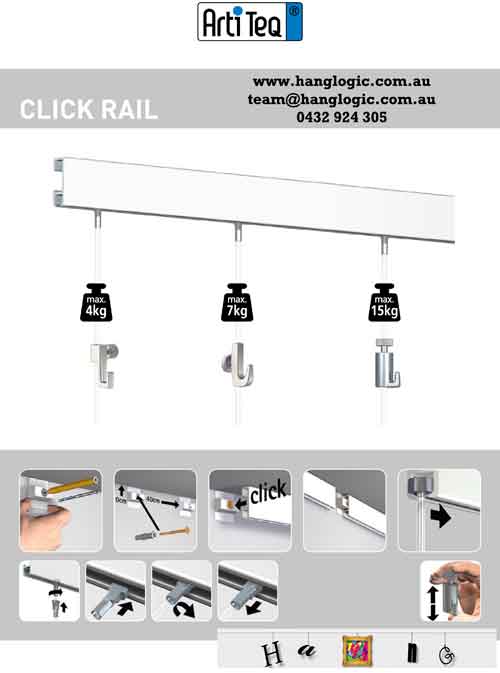 Artiteq Click Rail system with weight ratings and installation instructions, showing how to hang photos securely using different hooks, available at Hang Logic.