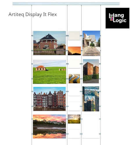 Artiteq Display It Flex system displaying real estate property listings, available at Hang Logic.