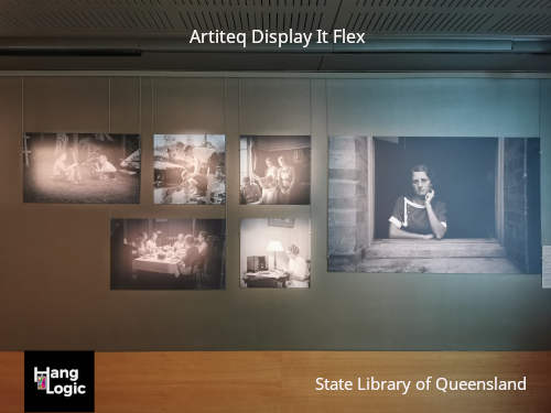 Artiteq Display It Flex system displaying exhibition at the State Library of Queensland, available at Hang Logic.