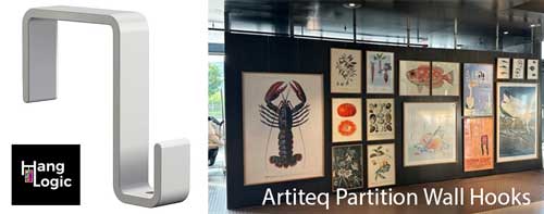 Artiteq partition wall picture rail hooks used for displaying framed artwork in a gallery, available at Hang Logic.