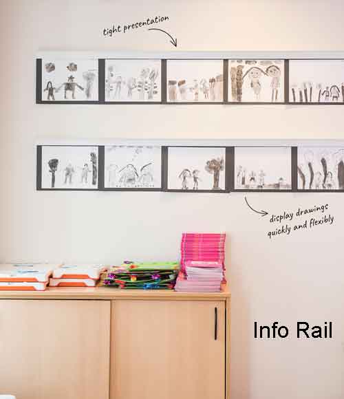 Artiteq Info Rail displaying children's drawings, demonstrating how to hang photos and artwork securely and flexibly, available at Hang Logic.