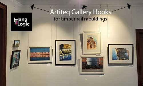 Artiteq gallery picture rail hooks used with timber rail mouldings to hang framed art, available at Hang Logic.