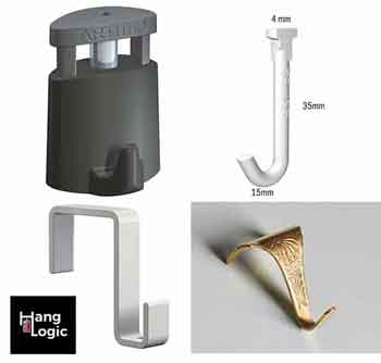 Various Artiteq picture rail hooks including Micro Grip, wall hook, gallery hook, and Twister hook, available at Hang Logic.