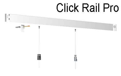 Artiteq Click Rail Pro system with hanging wires and hooks, demonstrating how to hang photos securely and professionally, available at Hang Logic.