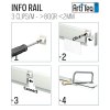 Artiteq Info Rail installation steps showing screwdriver attachment, Click & Connect clip, and cutting to size.