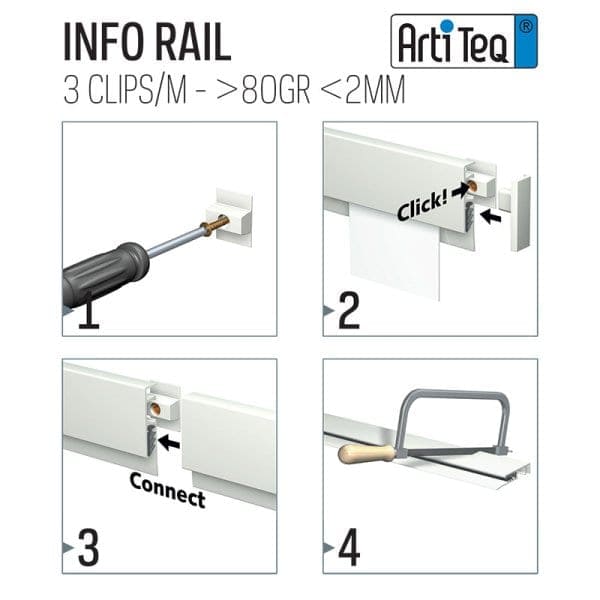 Artiteq Info Rail installation steps showing screwdriver attachment, Click & Connect clip, and cutting to size.