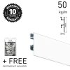 Close‑up of white ArtiTeq Click Rail PRO picture rail with 10‑year warranty badge, 50 kg/m rating and free fastener kit