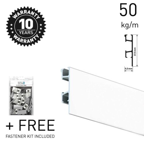 Close‑up of white ArtiTeq Click Rail PRO picture rail with 10‑year warranty badge, 50 kg/m rating and free fastener kit