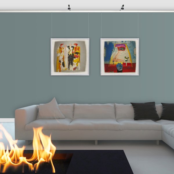 Modern lounge with two framed abstracts lit by short LED arms on Combi Rail PRO Light