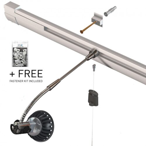 ArtiTeq Combi Rail PRO Light picture rail showing built‑in lighting arm, hanging wire, fastener kit and 50 kg/m rating