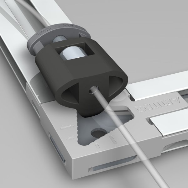 2mm Micro Grip Hook secures 2 mm sperlon cable inside the bottom back frame corner channel.