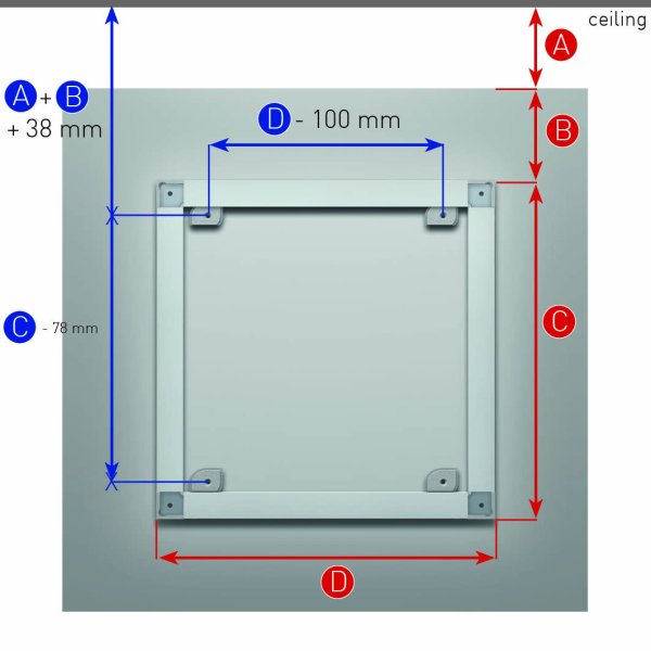 Diagram with numbered red arrows showing how to measure equal top and side gaps before bonding ArtiTeq Back Frame rails to the panel.