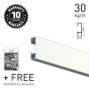 Close‑up of white ArtiTeq Click Rail picture rail with 10‑year warranty badge, 30 kg/m rating and free fastener kit