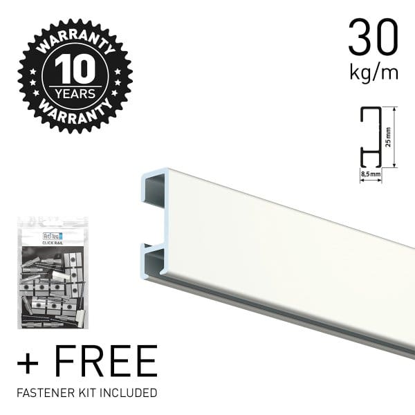 Close‑up of white ArtiTeq Click Rail picture rail with 10‑year warranty badge, 30 kg/m rating and free fastener kit