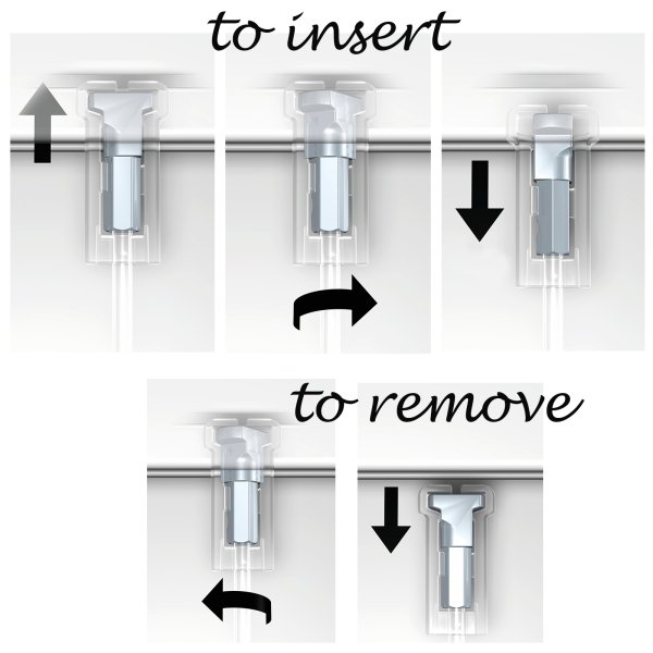 Five‑panel diagram showing how to twist and click an ArtiTeq Twister Cliq2Fix perlon hanging wire into a picture rail, plus removal steps, from Hang Logic