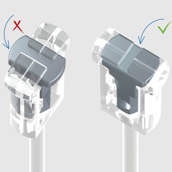 Side‑by‑side close‑ups of ArtiTeq Twister Cliq2Fix perlon hanging wire heads showing wrong (red X) and correct (green tick) orientation for picture rail insertion, Hang Logic.