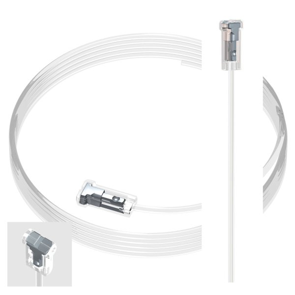 ArtiTeq Twister Cliq2Fix perlon hanging wire from Hang Logic, showing the transparent locking head you twist into a picture rail; strong, easy‑insert cable rated 20 kg per wire.