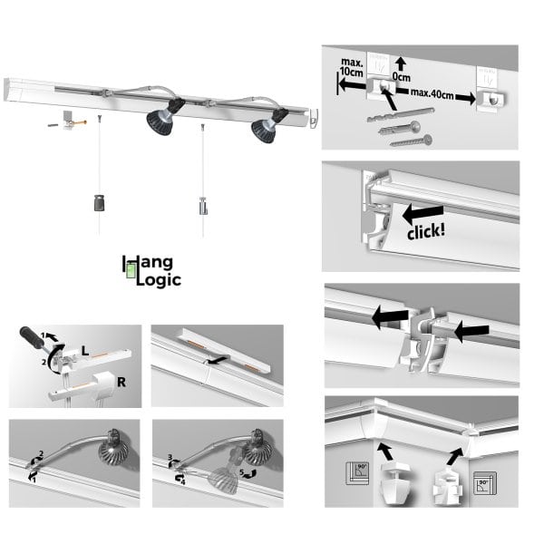 ArtiTeq Combi Rail Pro Light picture rail with built‑in lighting track, 50 kg per metre, install diagrams and connectors, sold by Hang Logic